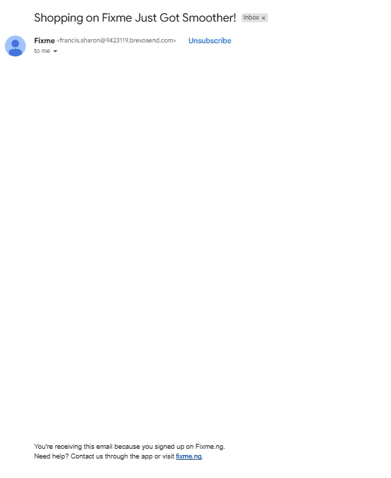 A blank Gmail inbox preview of the Fixme email โ only the footer line is visible.